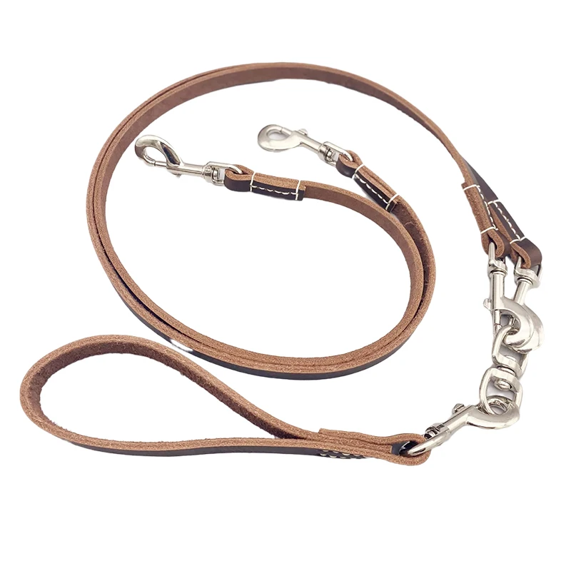 

Two dogs Leash Real Leather Detachable Pet Lead Genuine Leather 1 leash for 2 Dogs small Medium large big dog Traction Rope
