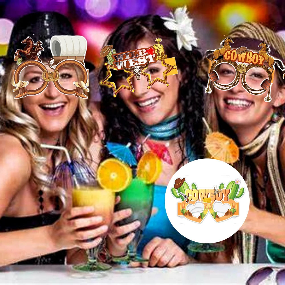 Party Photo Props Cosplay Glasses 8pcs Western Cowboy themed paper glasses Western pattern photo booth props for party atmosphere decoration