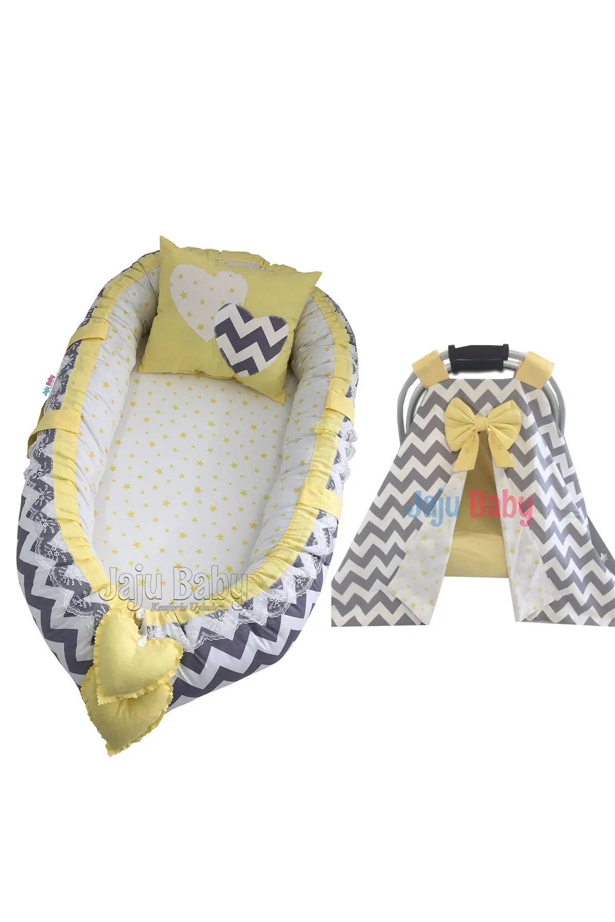 

Набор чехлов для коляски и детской коляски ручной работы с желтым звездами и серым зигзагом