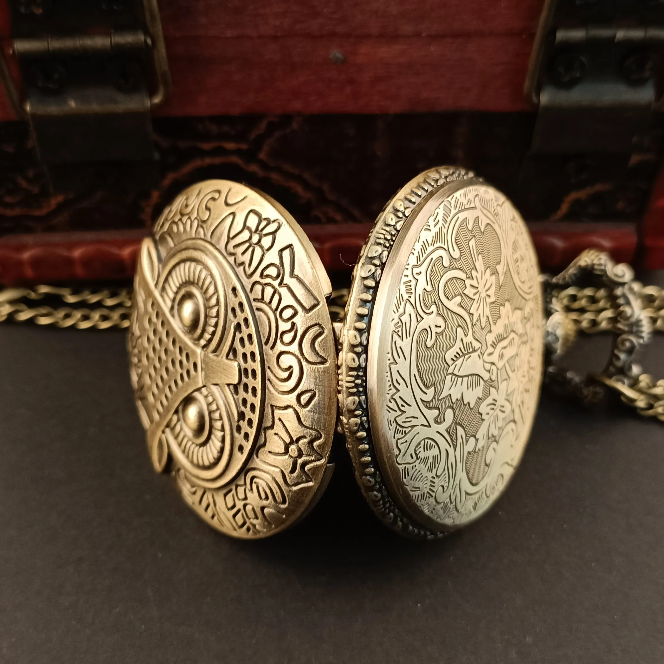 Steampunk-빈티지 올빼미 조각 쿼츠 포켓 시계, 맞춤형 남성 여성 목걸이 체인 액세서리