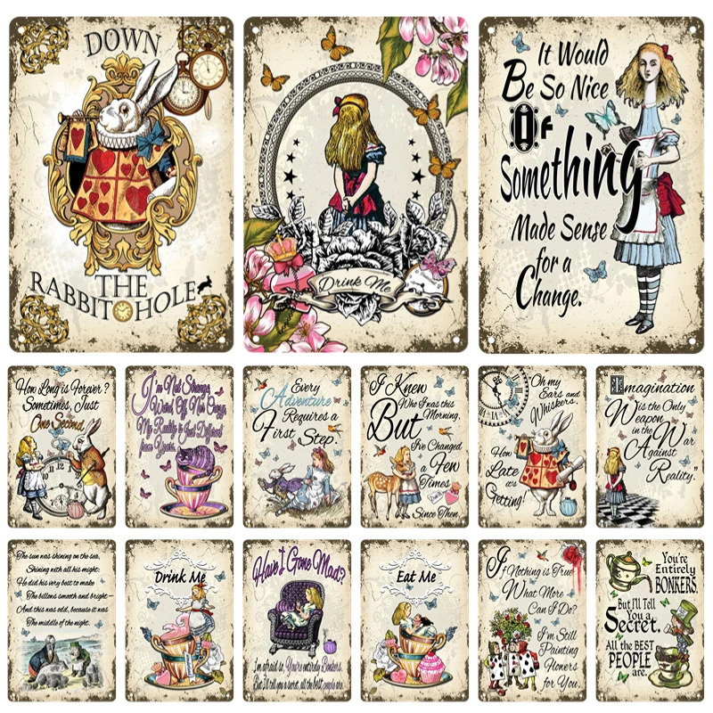 

Vintage Alice Metal Sign Pewter Painting Fairy Tale Plaque Home Children's Room Bedroom Modern Wall Art Decorative Mural Gift