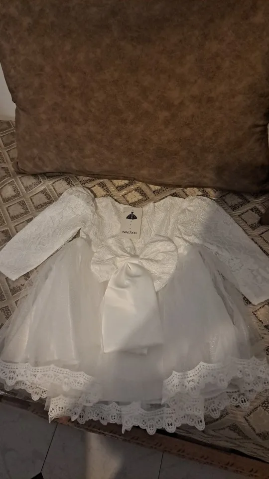 Baby Girls Long Sleeve Dresses for Xmas Party Wedding Lace Big Bow Dresses Infant Girl 1st Birthday Princess White Baptism Dress