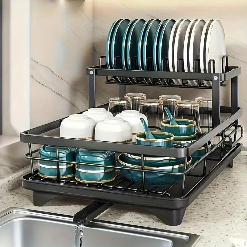 Stainless Steel 2 Tier Dish Drying Rack with Drainage Tray