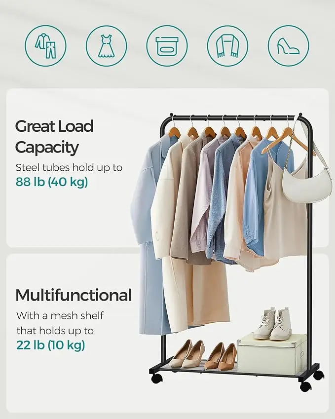 Clothes Rack with Wheels, Black Finish, Includes Storage Shelf, 110 LBS Capacity, Ideal for Hanging Clothes or Garment Storage. 3