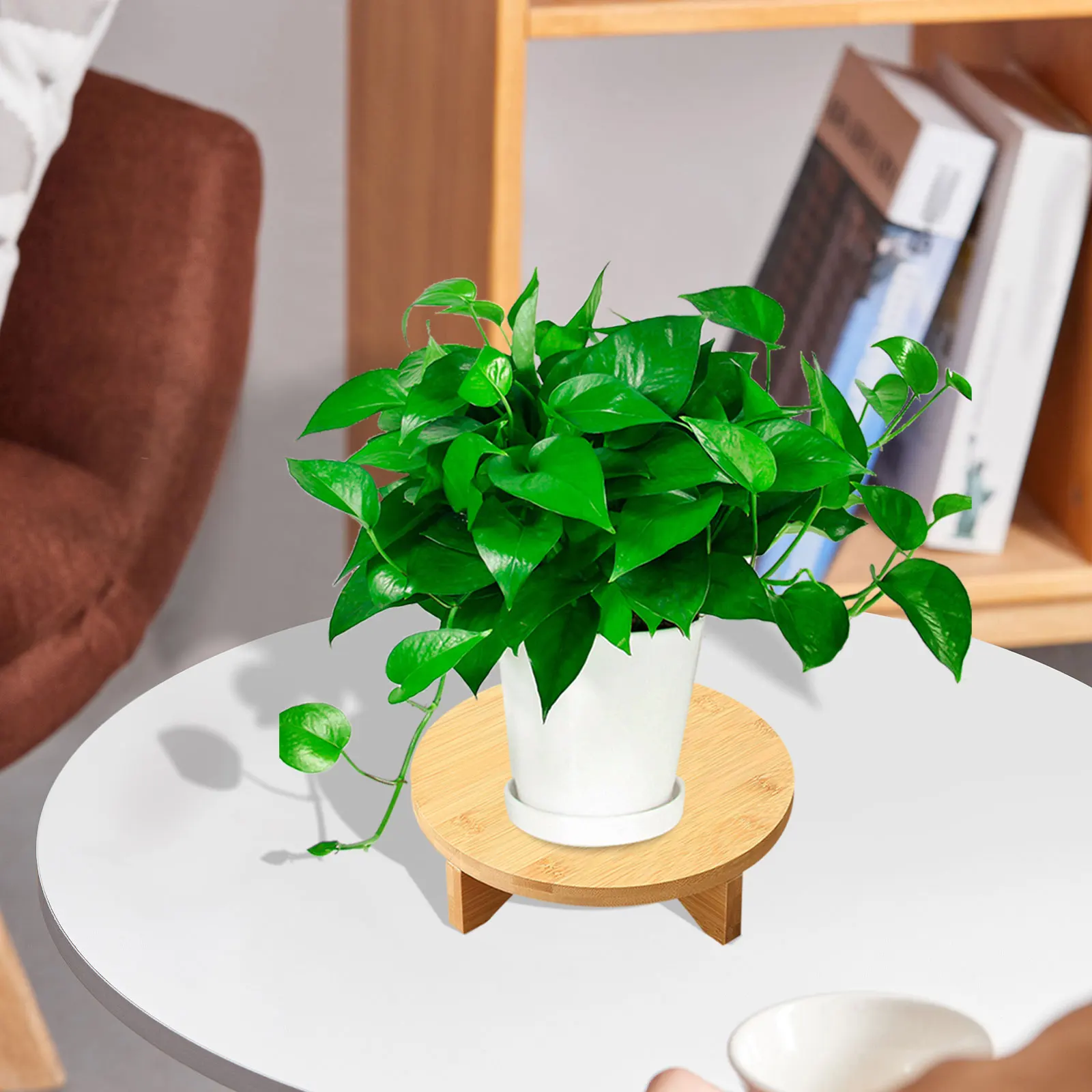 Wooden Planter Stand Sturdy Round Multifunctional Accessories Modern Flower Pot Rack for Office Home Farmhouse Bathroom Indoor
