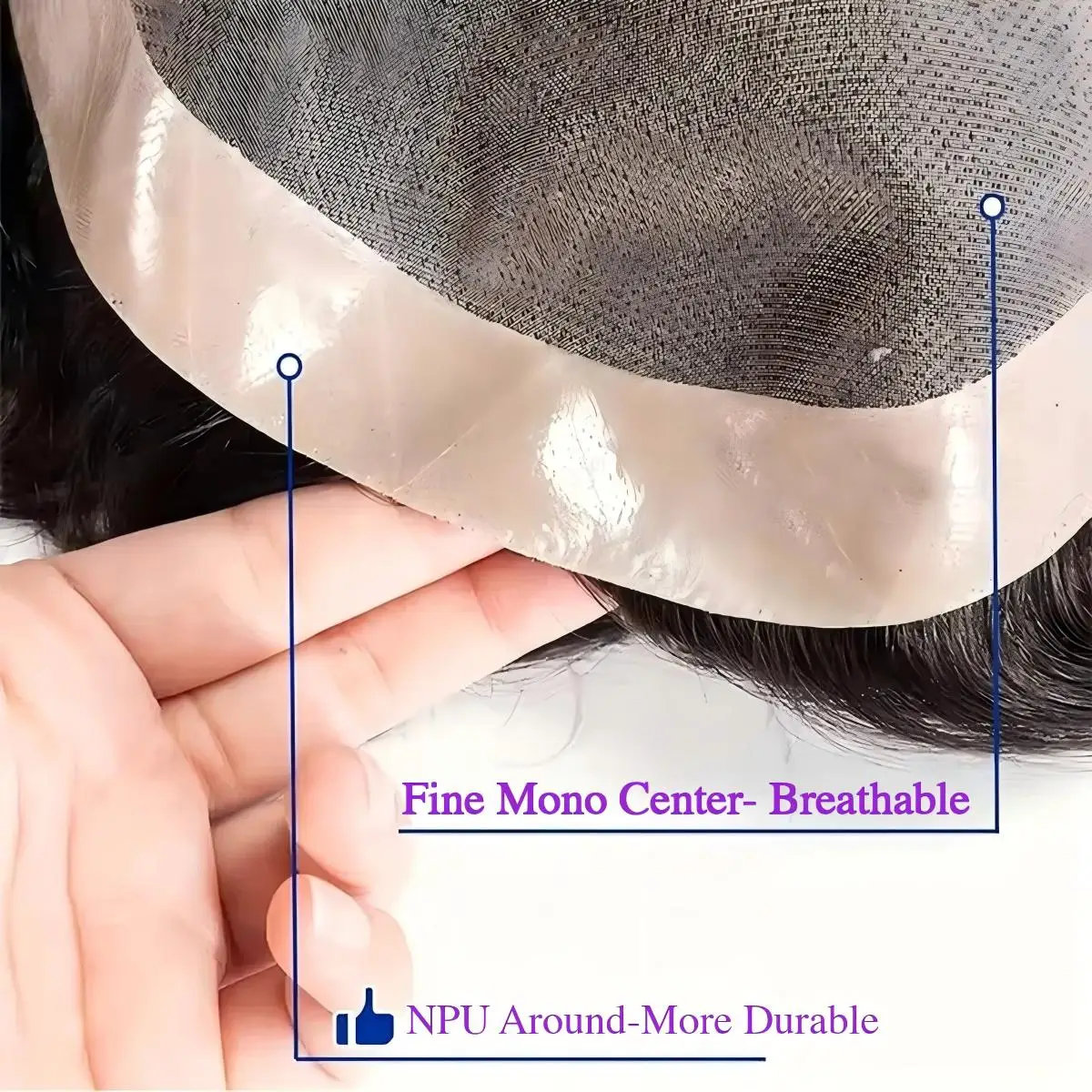 Toupet Fine Mono per Uomo in Capelli Umani Veri, Sistema Capillare Durevole per Uomini, Protesi Capillare Traspirante con Bordo in PU, Soluzione per la Perdita di Capelli Maschile - immagine 5