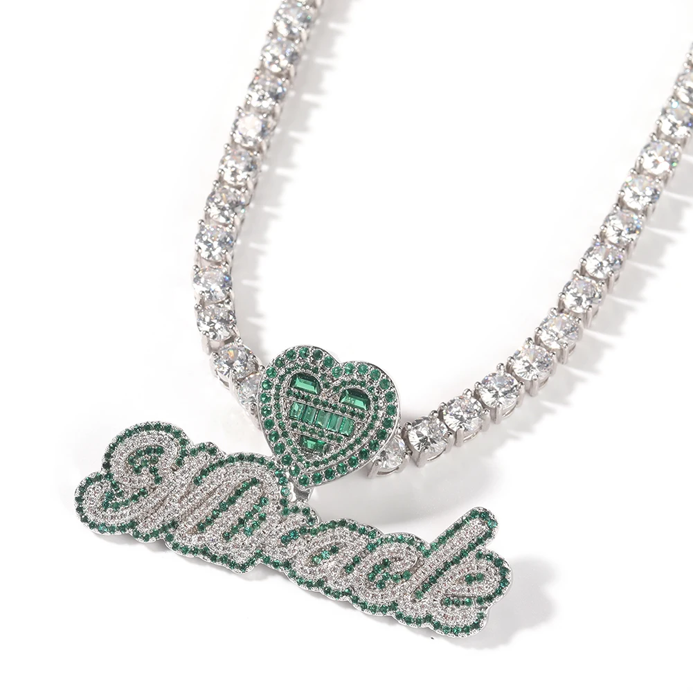 TBTK Custom Name Necklace Bubble Letter Baguettecz Heart Clasp Iced Out Green White Cubic Zirconia Pendant Chain Hiphop Jewelry
