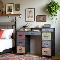 Туалетный столик без зеркала, комод с 9 ящиками, Макияжный столик в стиле ретро с деревянным подносом, для спальни, гостиной, прихожей — изображение 3