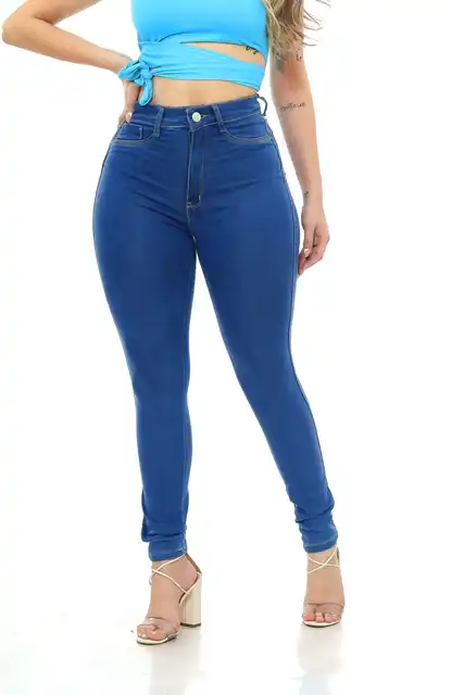 Jeans jeans skinny de mulher, calça azul claro levanta bumbum