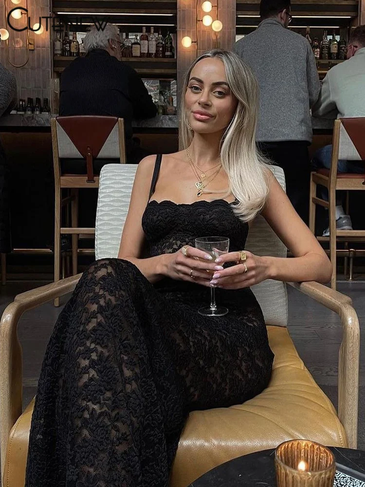 NIBBER Women's Elegant Black Lace Long Maxi Dress Elegant Backless Sleeveless Suspender Long Dress Summer Street Casual Vestidos