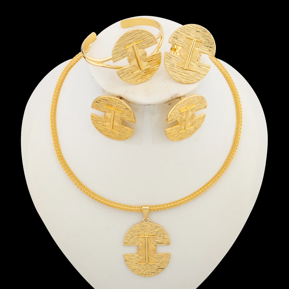 

Fashion Jewelry Set for Women Gold Plated Earrings and Pendant Necklace with Bracelet Ring 4Pcs Set for African Necklace Dubai
