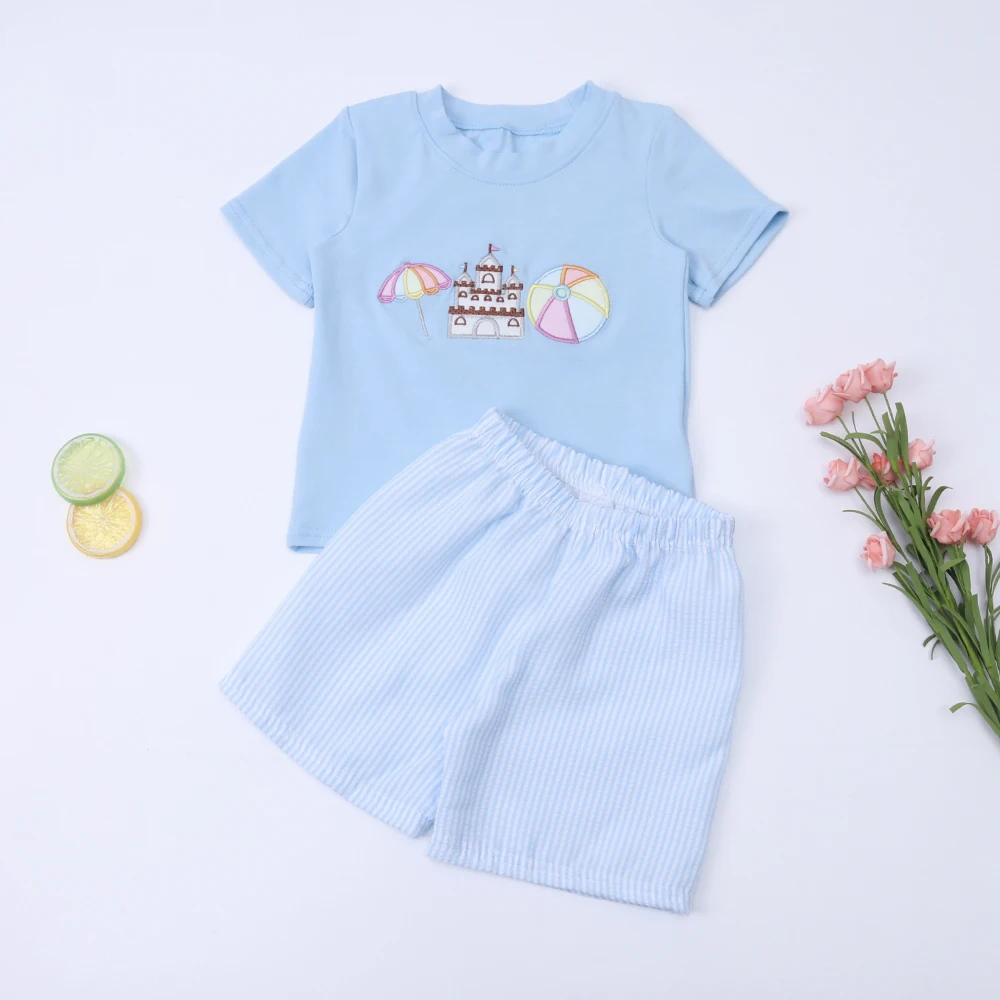 

New Children's T-shirt Short Sleeve Summer Cotton Suit Boy's Castle Embroidery Summer Blue Top Plaid Shorts Baby Clothes