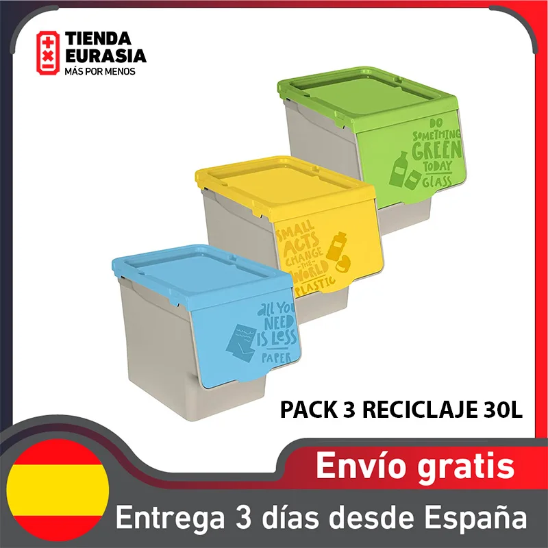 TIENDA EURASIA® Cubos de Basura de Reciclaje - Pack 3 Contenedores de  Reciclaje Apilables con Ruedas - Tapa Abatible - Medida 39 x 39 x 36 cm  (White)