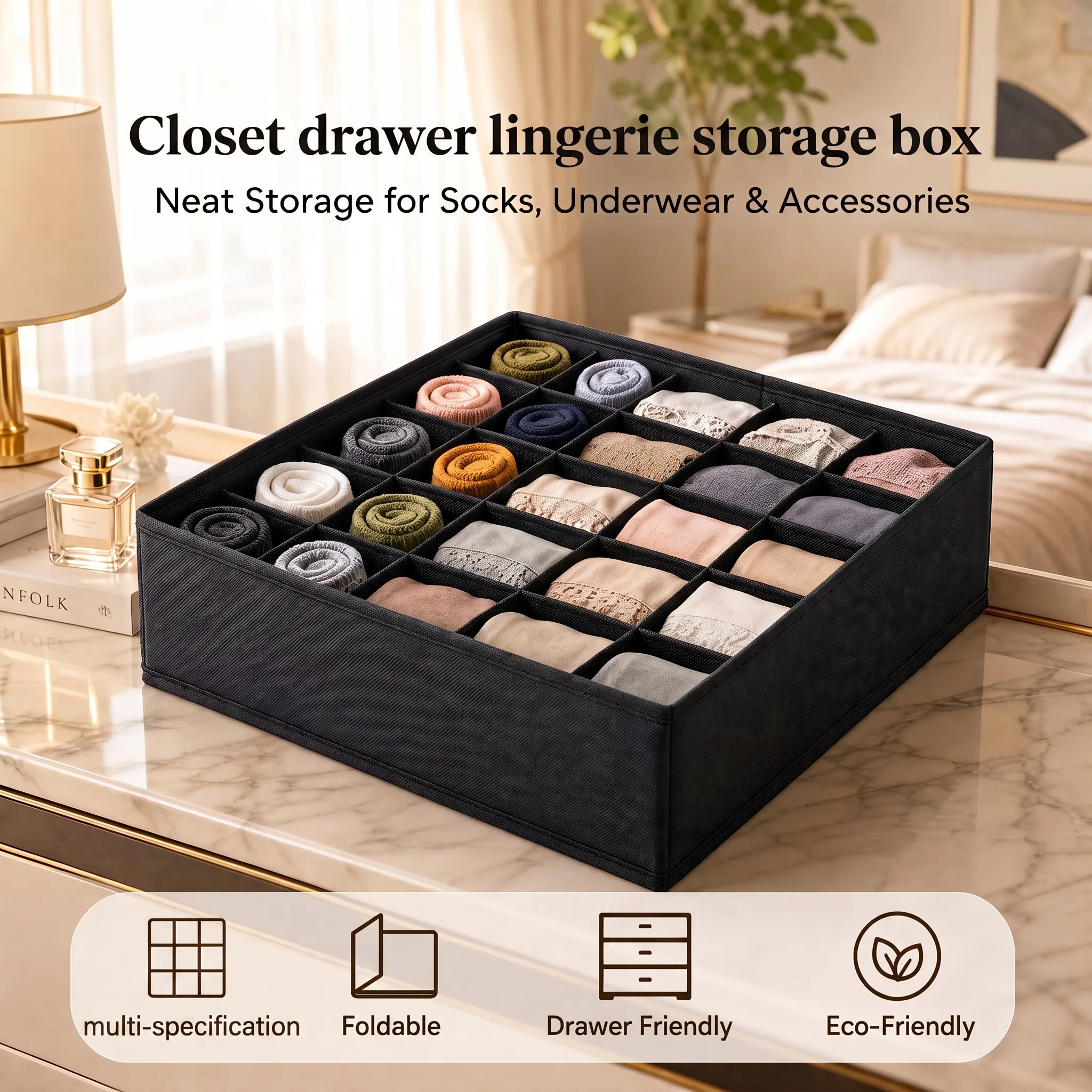 Organizzatore per cassetti del comodino, organizer per biancheria intima, organizer per vestiti nel guardaroba, scatole per la conservazione di calzini, reggiseni e abbigliamento, organizer per pantaloni e calzini.