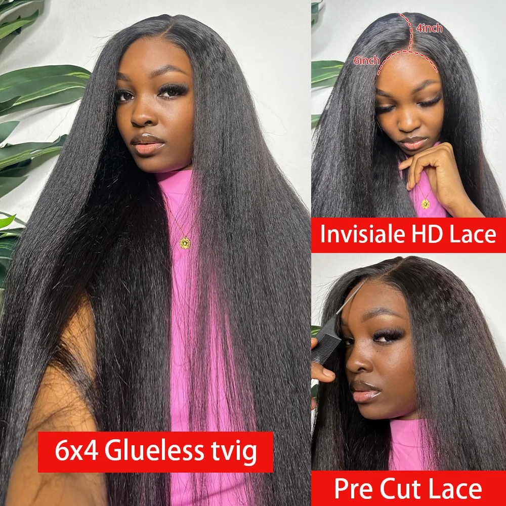 Yaki Kinky Straight Wigs 4C Edges Curly 13x6 HD Lace Frontal Wig Pre Plucked Curly Baby Hair 6x4 Glueless Wigs Ready To Wear 4