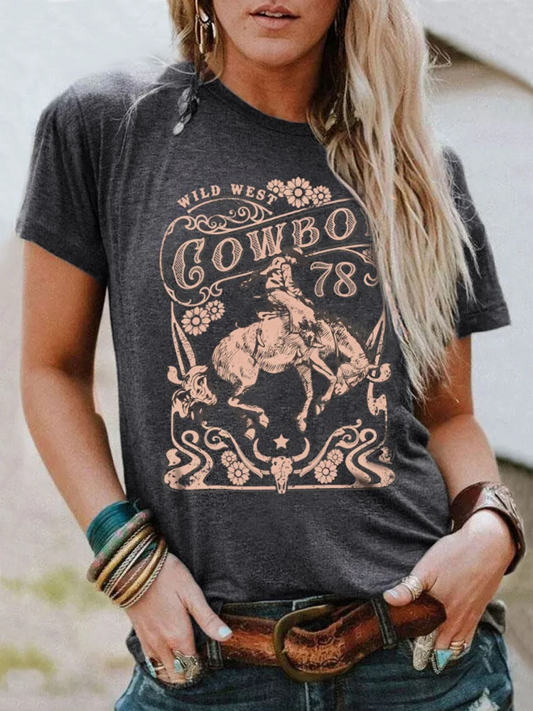 

Wild West Cowboy T-shirts Women Steer Skull Floral Graphic Country Southern Top Rodeo Cowgirl Western T Shirt Vintage Tee Tshits