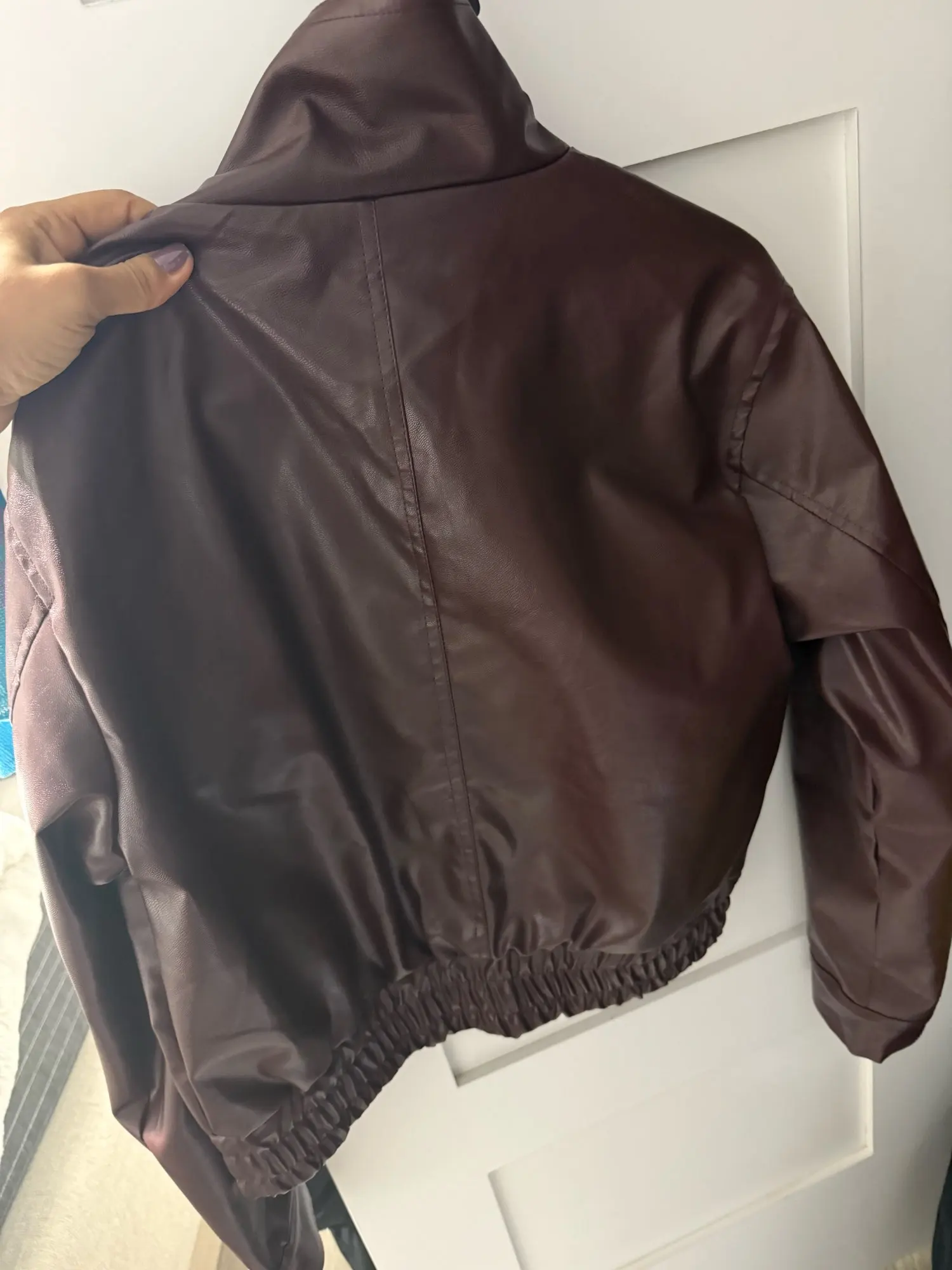 Dark Red Leather Jacket - Women's Lace-Up Zipper Coat