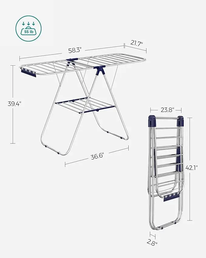 Foldable Clothes Drying Rack - Includes Sock Clips, 2 Height-Adjustable Gullwings, Silver and Blue Design, Perfect for Indoor or 6