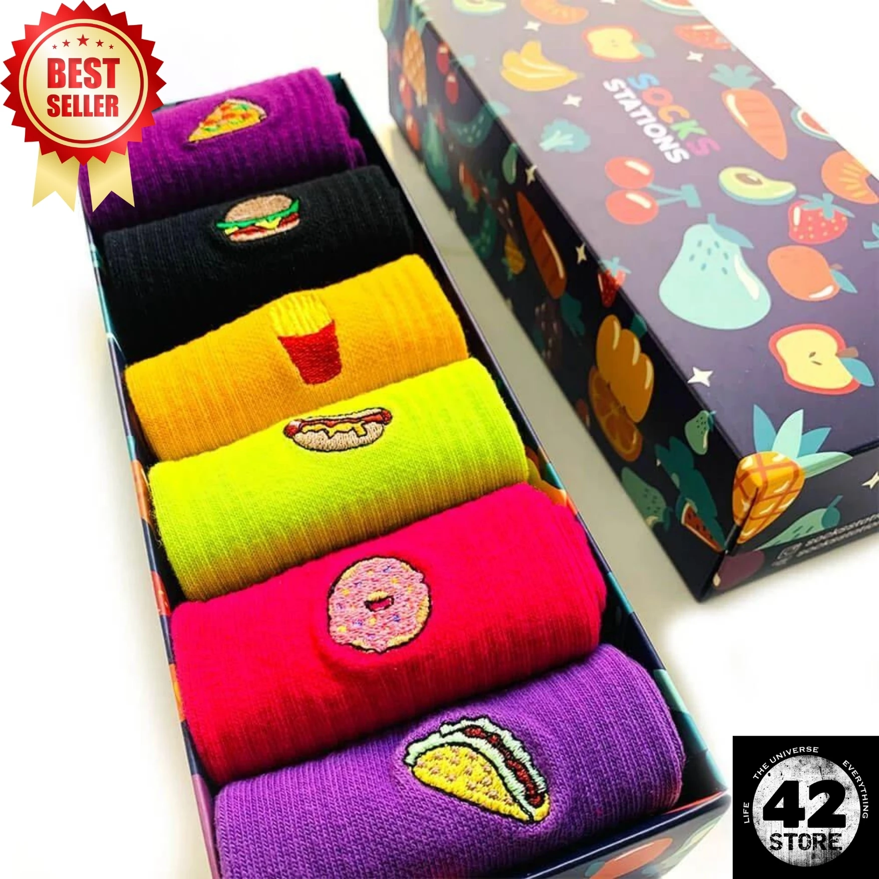 Fast Food Embroidered Mixed Color Patterned Sock Box 6 Packs