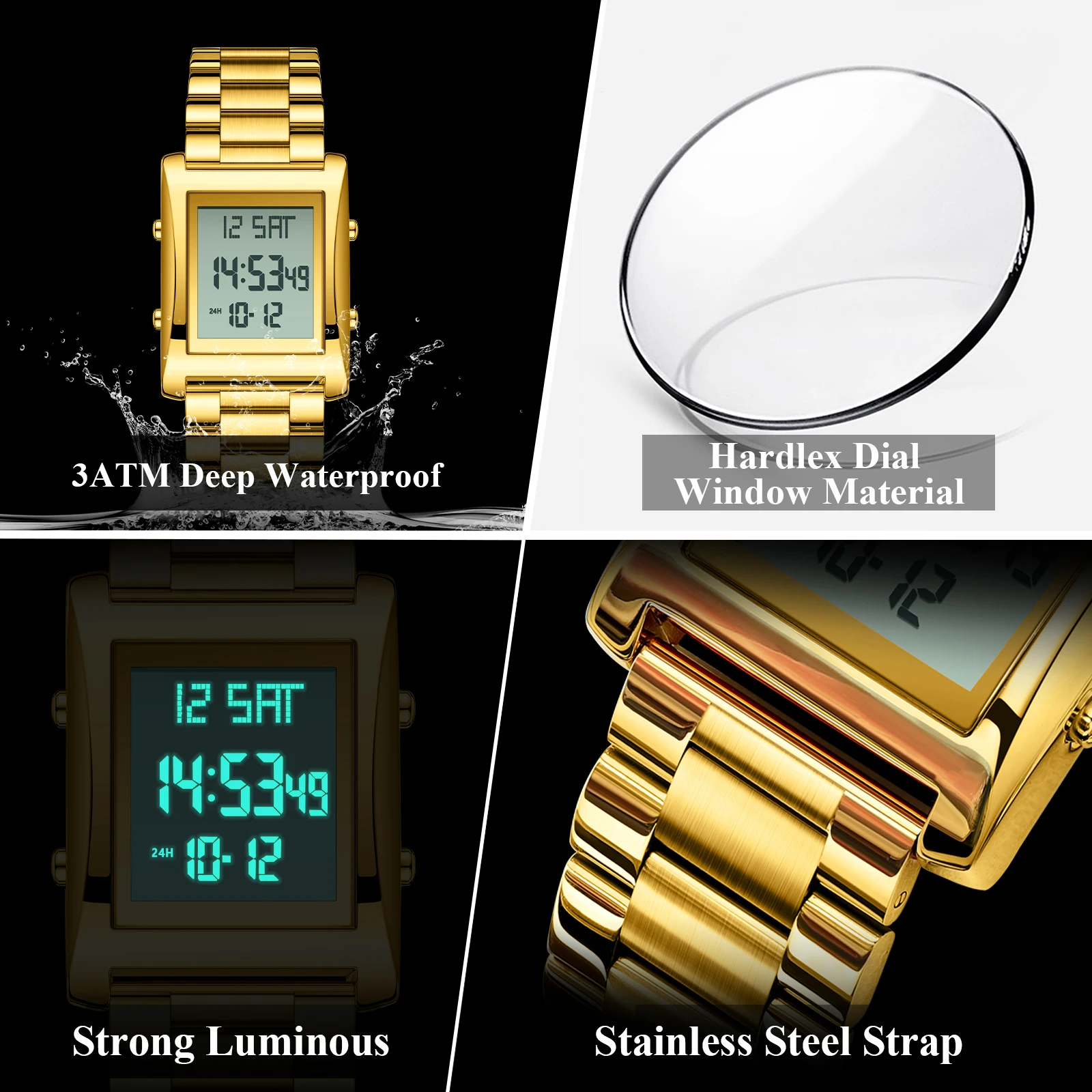 CAREKISO Original LED Men Watch Waterproof Week Calendar Alarm Man Wristwatch Rectangle Stainless Steel Electronic Men's Watches 4