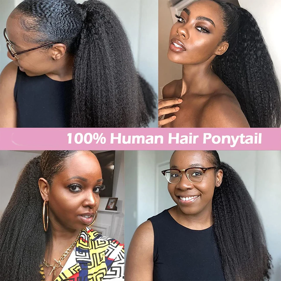 Kinky Straight Ponytail Human Hair Yaki Straight Ponytail Extension For Women 10-30In Magic Paste Wrap Around Ponytail Hair