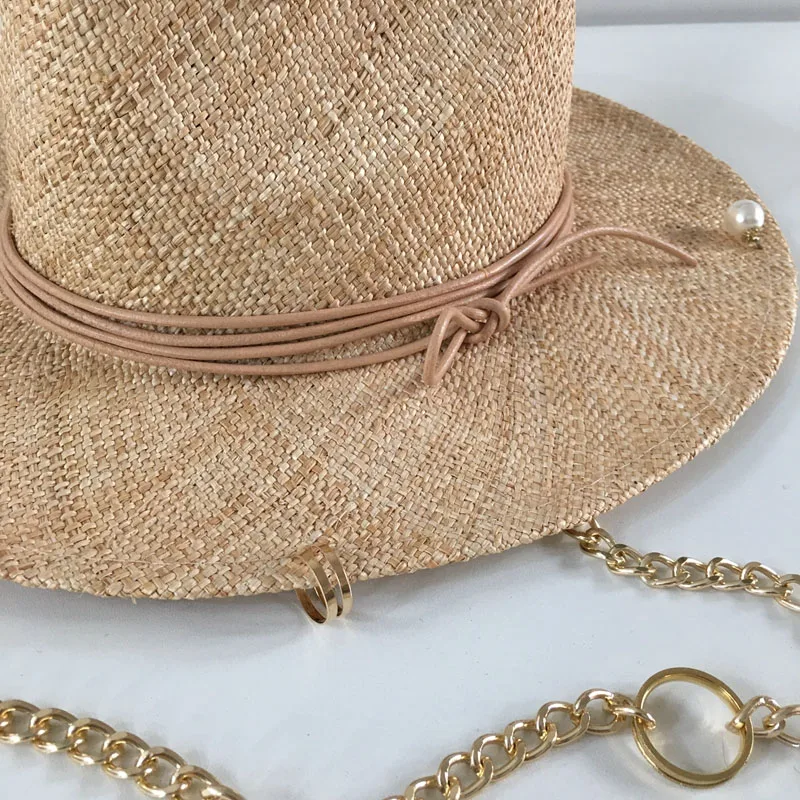 Wide Brim Panama Hat Chain Straw Fedora Hats for Women Summer Beach Hat Vacation Band Pearls Shell Quality Designer Hat 5