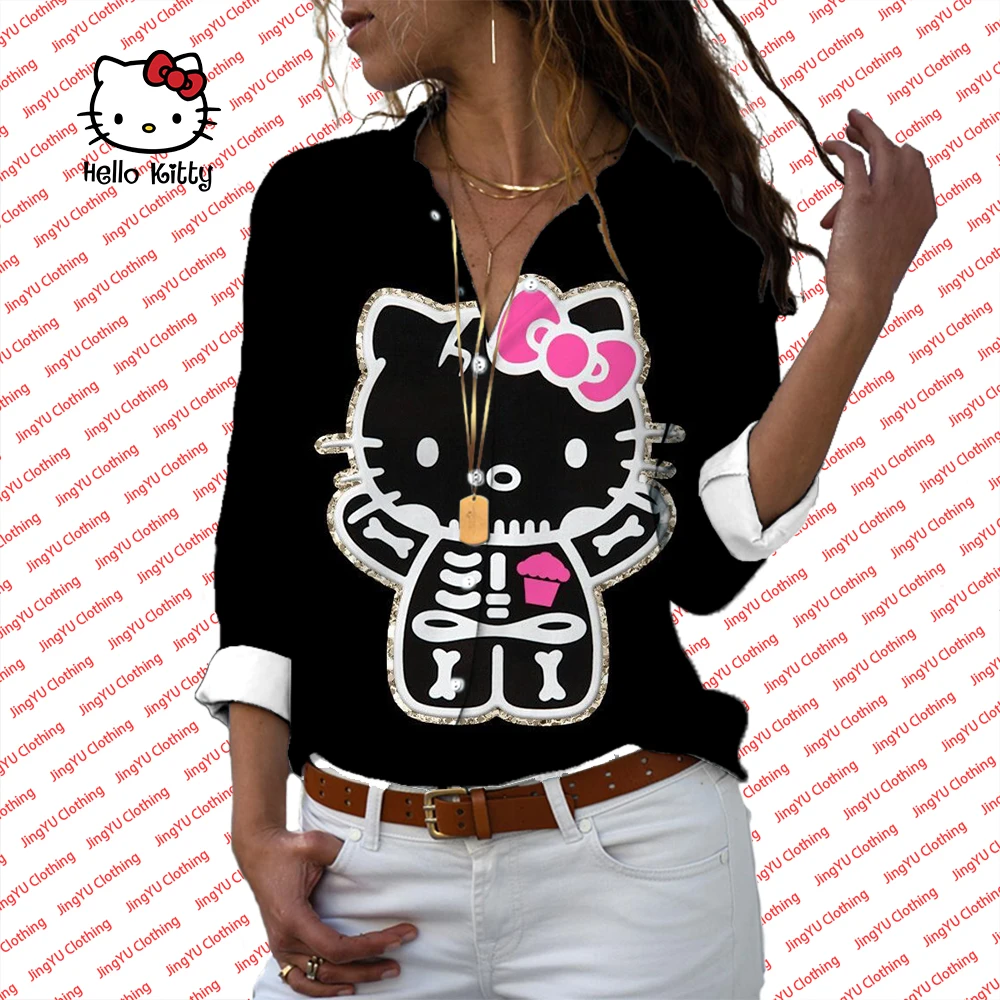 

Hello Kitty Print Shirt Tunic Top Three Quarter Button V Neck Shirt Fashion Casual Loose Shirt Top Women