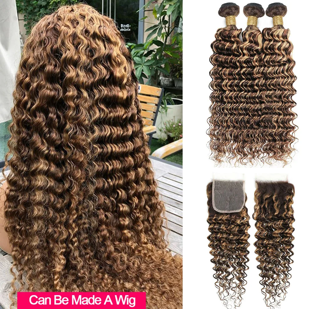 Highlight Deep Wave Bundles with Closure Brazilian Human Hair Bundles with Closure Honey Blonde 30 Inch