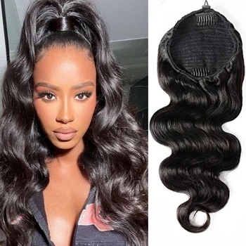 Body Wave Drawstring Ponytail Human Hair Extensions 10-26 Inch Clip In Curly Brazilian Human Hair Extensions For Women  #1B