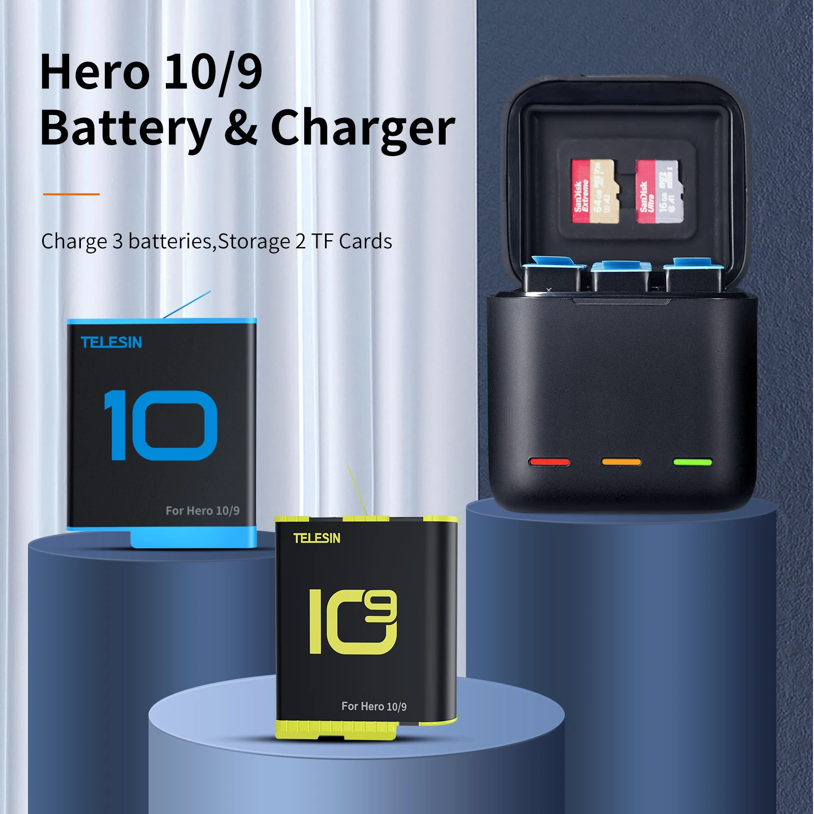 Telesin para Gopro 10 Bateria 1750 Mah Maneiras Levou Caixa de Carregador de Luz tf Cartão de Armazenamento da Bateria para Gopro Hero 10 Acessórios - Image 5