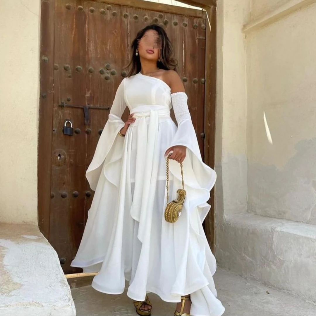 

Meetlove One Shoulder Prom Dresses Ankle-Length Stain Zipper Up Wedding Party Women A-Line Belt White Grace 2023