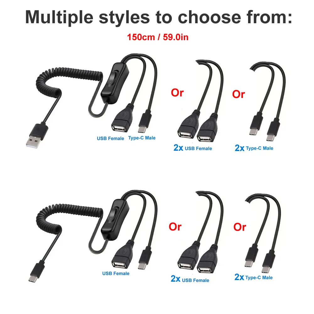 USB 유형 C 스프링 텔레스코픽 케이블(켜기/끄기 스위치 포함) 5V USB C 연장 충전 코드 남성-여성 이중 USB 분배기 케이블
