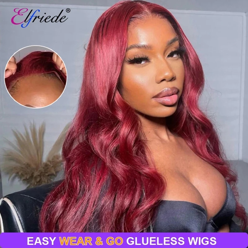 

Elfriede #99J Burgundy Body Wave Glueless Wigs Human Hair Ready to Wear 4X4 Lace Closure Preplucked Human Hair Wig for Women