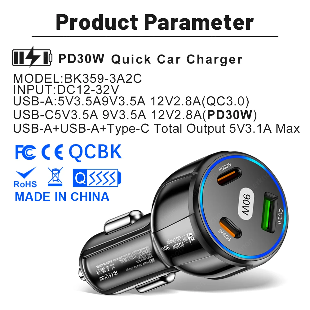 USB Car Charger 90W PD Type C Fast Charging Car Phone Charger Adapter For iPhone 15 Xiaomi Samsung 3 Ports USB C In