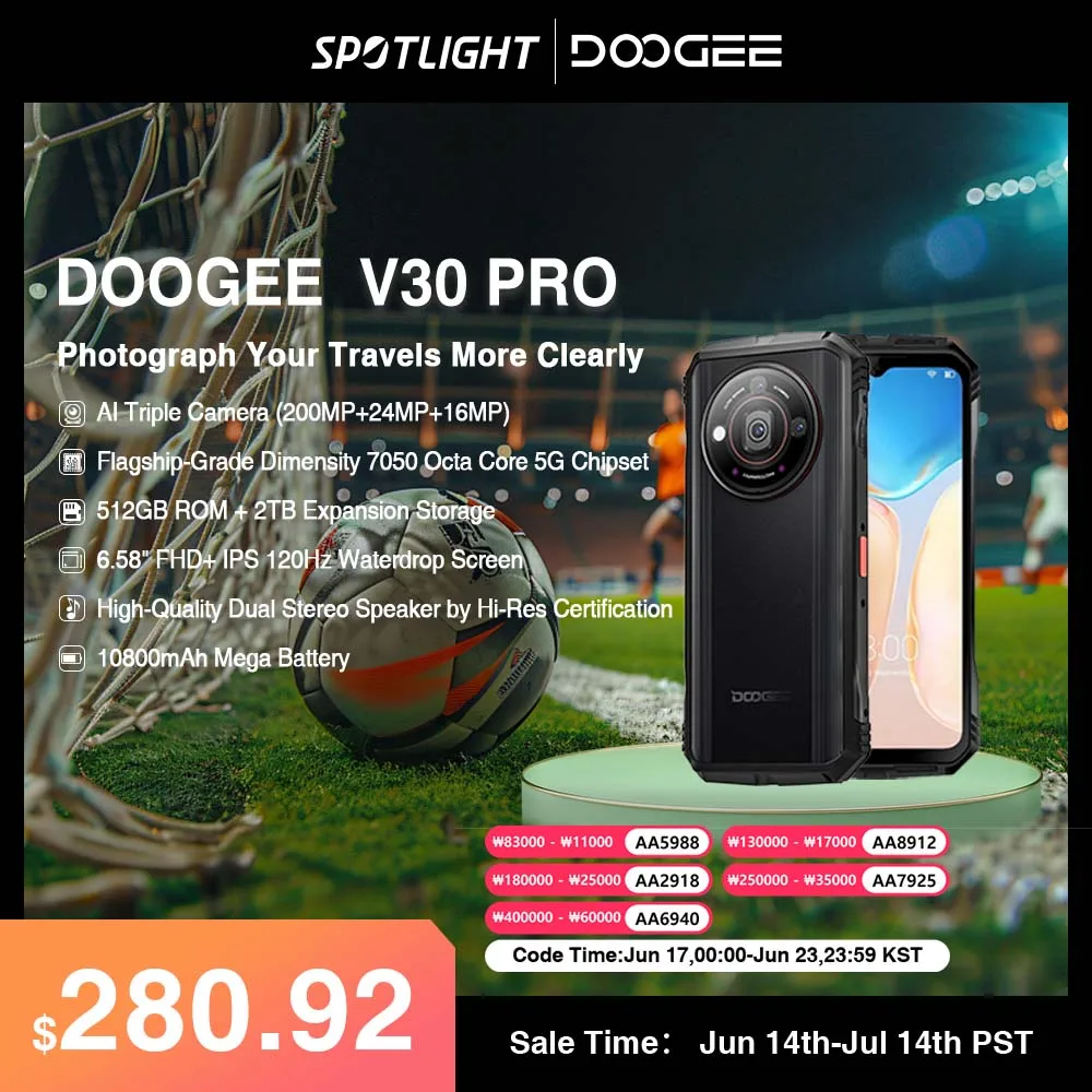DOOGEE V30 프로 견고한 휴대폰, 200MP 카메라 치수 7050 5G 스마트폰, 6.58 인치 FHD 디스플레이, 10800mAh, 32 RAM, 512 ROM, 월드 프리미어