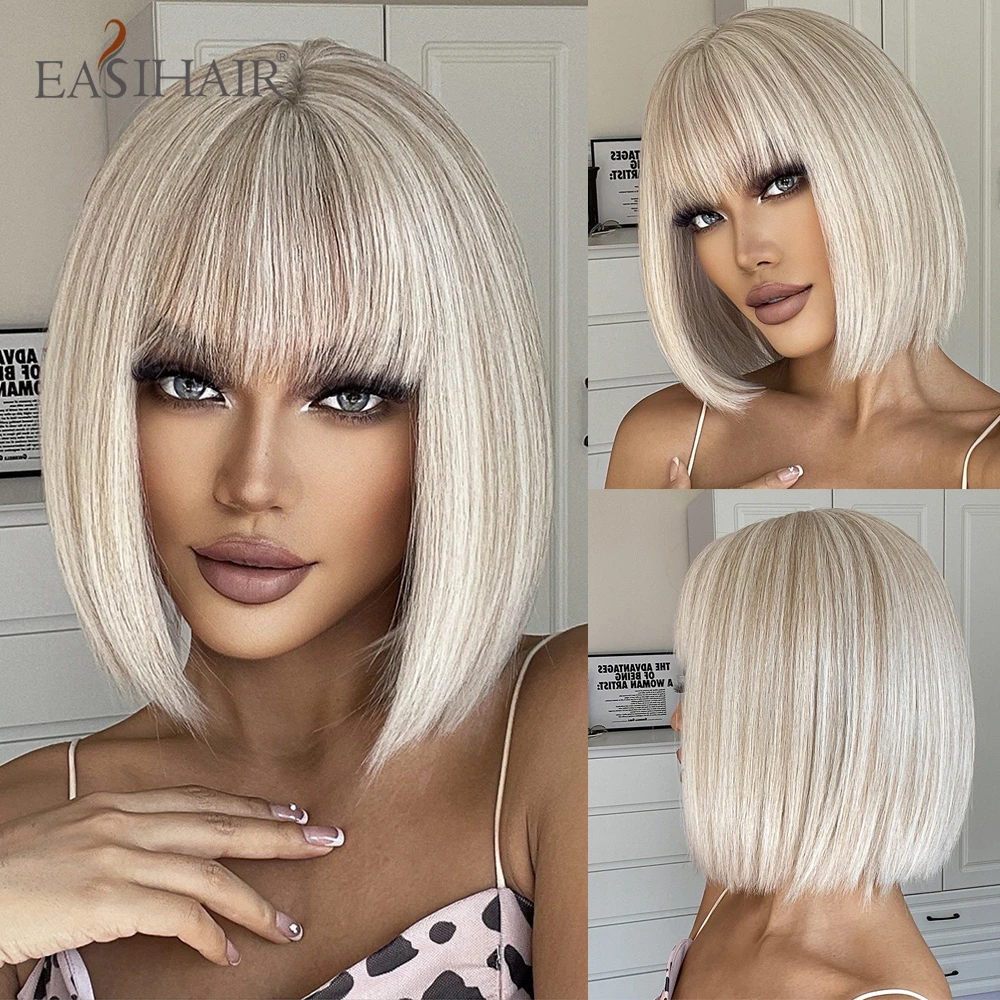 EASIHAIR Synthetic Bob Wigs with Bang Short Straight Light Blonde Beige