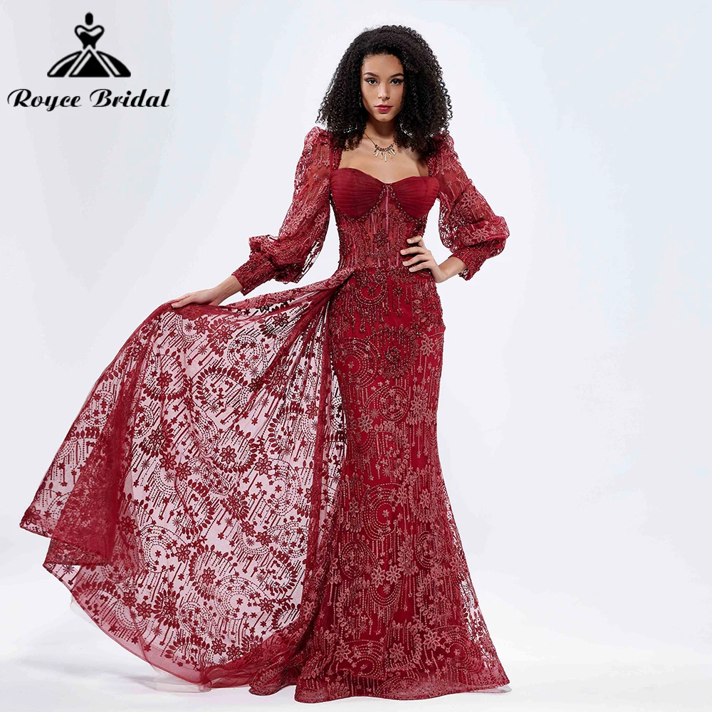 

Roycebridal Dubai Burgundy Beaded Arabic Puffy Long Sleeves Mermaid Evening Dress 2024 Evening Gowns For Women Wedding Party