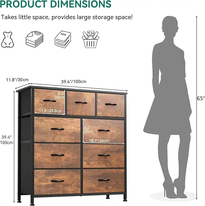 9-Drawer Dresser, Fabric Storage Tower Organizer for Living Room, Hallway, Sturdy Steel Frame, Wooden Top, Easy Pull Fabric Bins 3