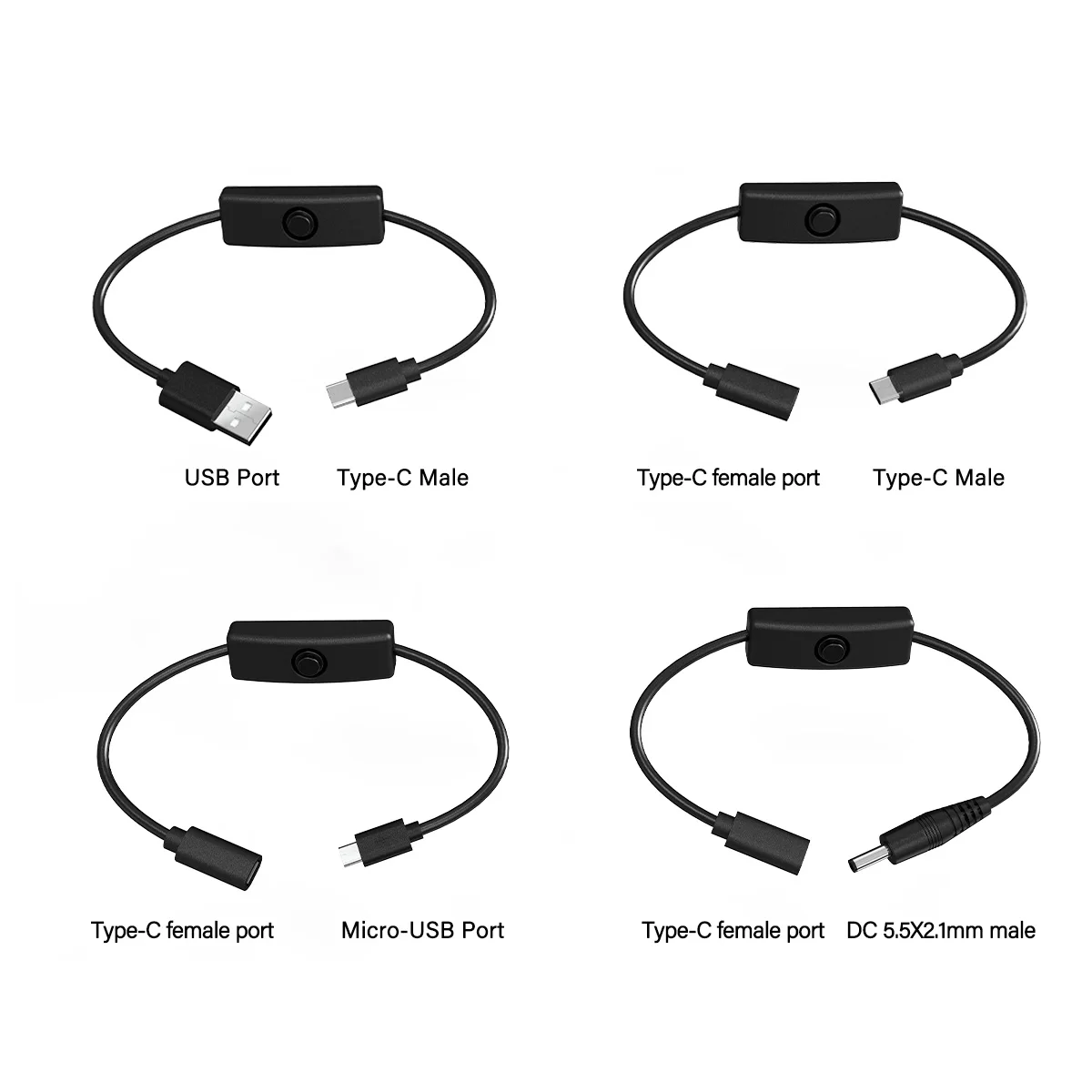 Versatile Type C Power Extension Cord with On/Off Switch – USB-C, Micro-USB, and DC 5.5x2.1mm Connectors, Ideal for Various Devices – 5V