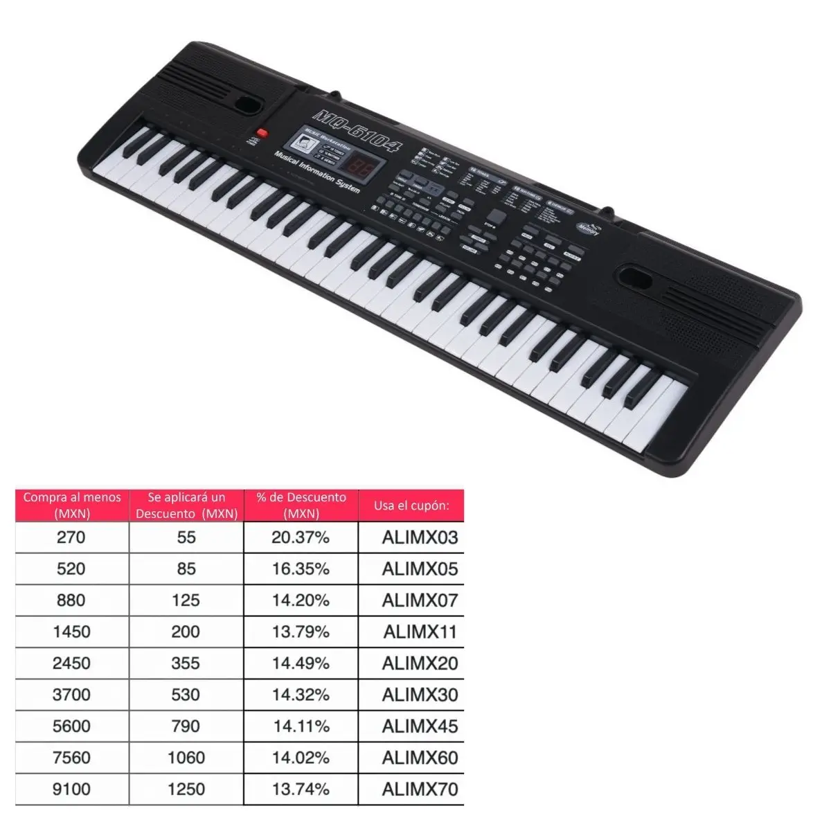 Instrumento Musical Teclado Electrónico MQ de 61 Piano