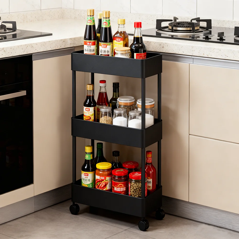 Estantería Rodante de 3 Niveles en Blanco y Negro, Carrito Almacenamiento Móvil Multiusos, Ideal para Cocina, Baño, Lavandería, Sala y Vestidores con Espacios Reducidos