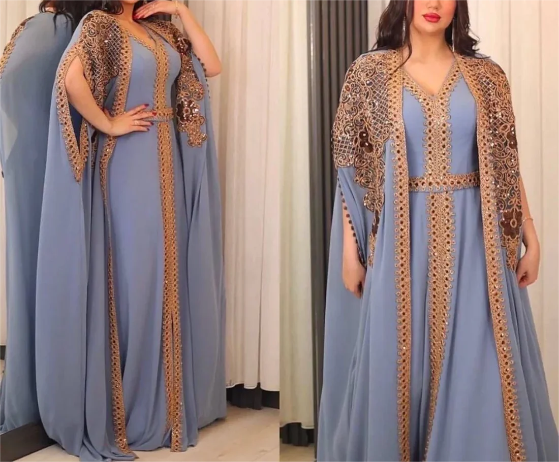 فستان سهرة من قطعتين بأكمام كاب ، أزرق بياقة V ، س...