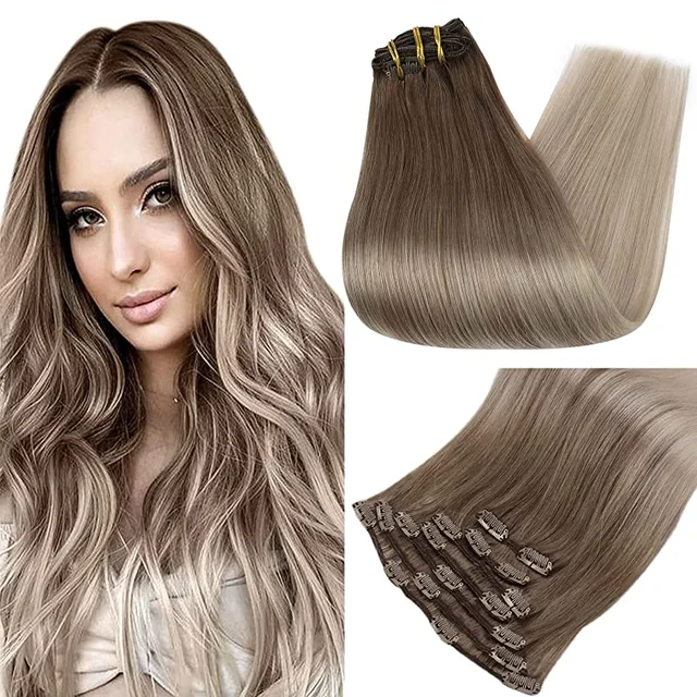 Full Shine Clip In Human Hair Extensions Balayage Ombre Blonde Black Hairpins 7pcs 120g Double Weft 100% Machine Remy For Woman 8 60 18