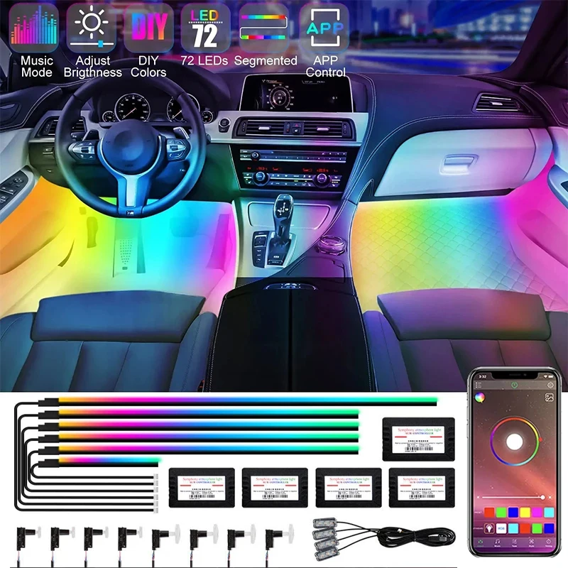 듀얼 존 심포니 LED 자동차 주변 조명, RGB 64 색 인테리어 무지개 아크릴 스트립 네온 분위기 조명 키트 앱, 22 in 1