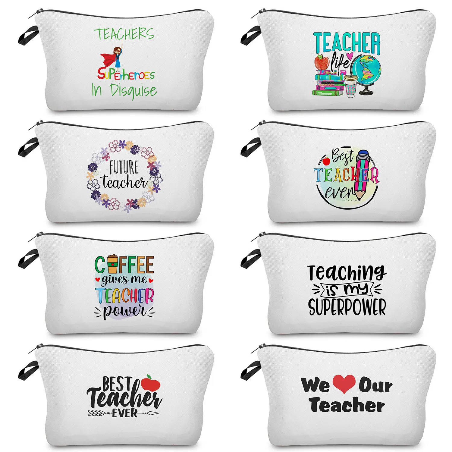 Customizable School Teacher Gift Makeup Bags Letter Apple Floral Print