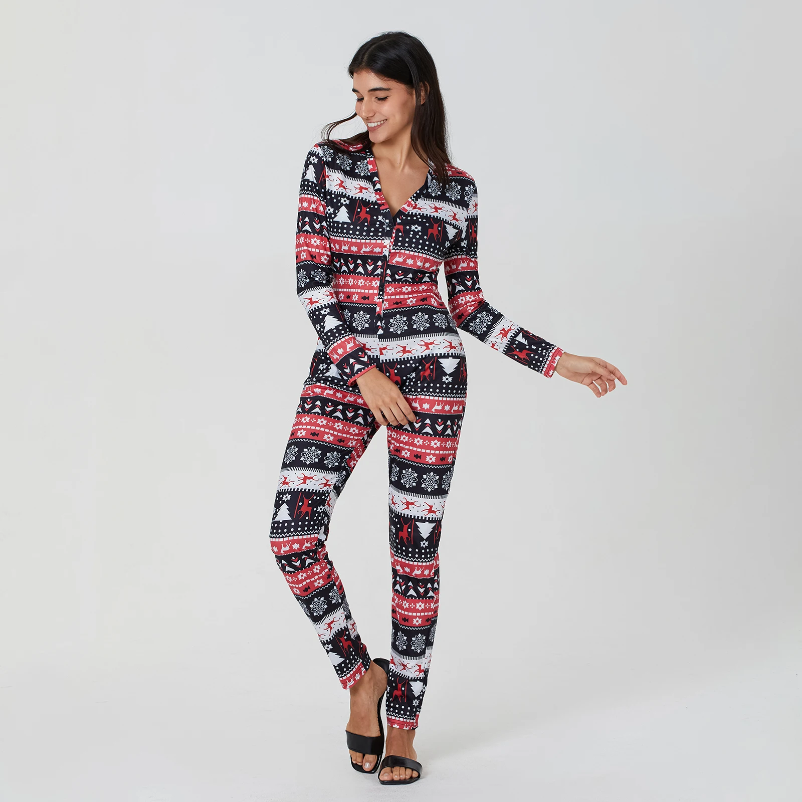 Women Pajamas Jumpsuit Buttons V Neck Long Sleeve Christmas Cartoon Printed Sleepwear Home Wear S/M/L/XL/XXL
