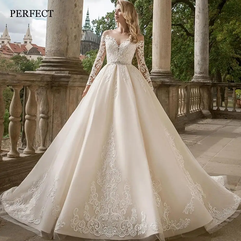 

PERFECT Luxury Ball Gown Wedding Dress Long Sleeves O-Neck Beaded Bridal Gowns Lace Appliques Cathedral Train Vestidos De Novia