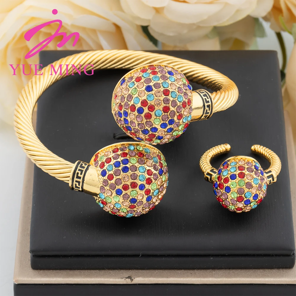 

YM Gold Plated Cuff Bangles with Ring For Women Charm Bracelet Colored Zircon Jewelry Set Dubai Wedding Banquet Anniversary Gift