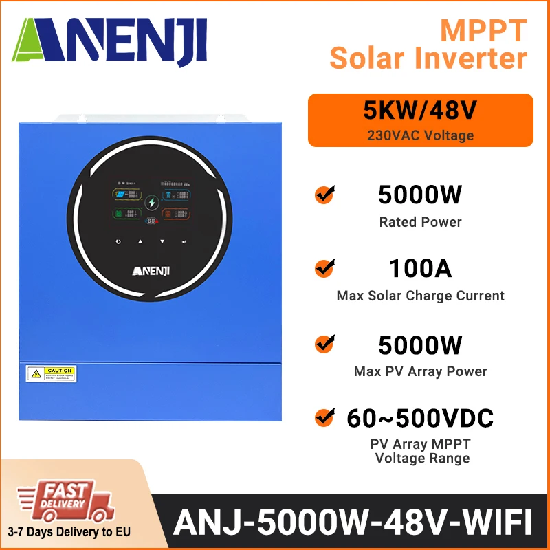 อินเวอร์เตอร์ไฮบริดพลังงานแสงอาทิตย์ ANENJI 5KW 48V 220V/230VAC MPPT 100A พร้อม WIFI ในตัว รองรับไฟฟ้าสองระบบ Pure Sine Wave PV 500V ใช้ได้ทั้งแบบ On Grid และ Off Grid 1