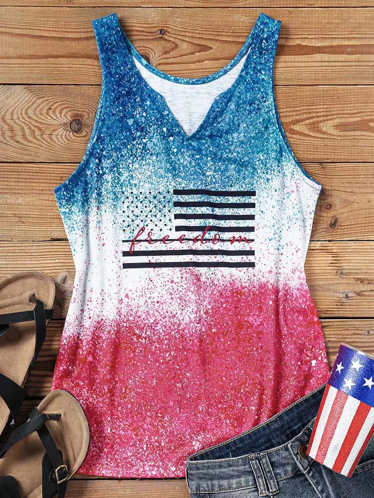 

Summer Tank Top for Women Freedom American Flag Notched Neck Shirts Women USA Stars Stripes Patriotic Graphic Tee 4th of July